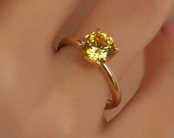 Citrine Solitaire Silver Ring, 14K Gold Round Cut, Minimalist Wedding Band Ring, Solitaire Engagement Ring, Citrine Solitarie Silver Ring