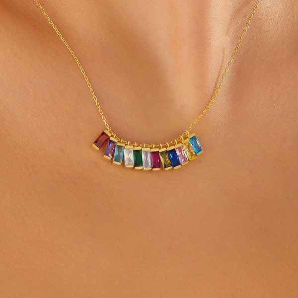 Baguette Birthstone Necklace, Family Birthstone Necklace, Baguette Necklace, Solitaire Necklace, Baguette Pendant, Family Birthstone