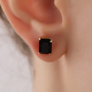 Black Radiant Cut Earrings, Birthstone Earrings, Solid Gold Earrings, Silver Earrings, Minimalist Stud Earrings, Solitaire Earrings
