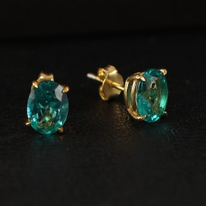 Paraiba Oval Cut Earrings, Birthstone Earrings, Solid Gold Earrings, Solitarie Silver Earrings, Minimalist Stud Earrings, Gift For Her