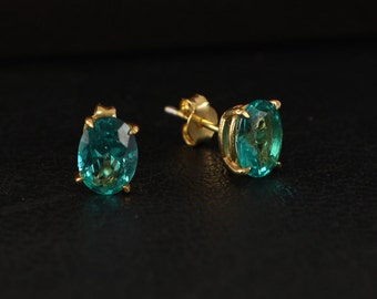 Pendientes Paraiba de corte ovalado, pendientes con piedra de nacimiento, pendientes de oro macizo, pendientes de plata solitarios, pendientes minimalistas, regalo para ella
