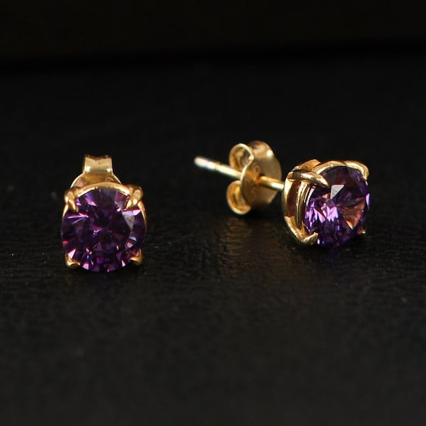 Amethyst Round Cut Earrings, February Birthstone Earrings, Solid Gold Earrings, Solitarie Silver Earrings, Minimalist Stud Earrings