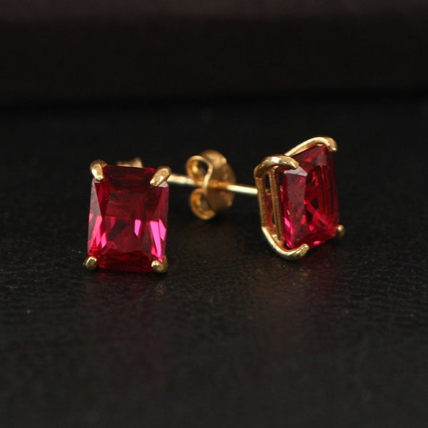 Ruby Radiant Cut Earrings, July Birthstone Earrings, Solid Gold Earrings, Solitarie Silver Earrings, Minimalist Stud Earrings