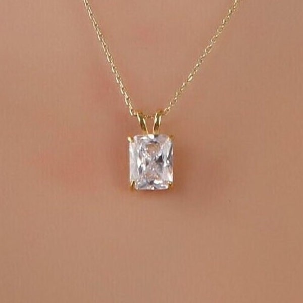 Radiant Cut Diamond Necklace, April Birthstone Necklace, Silver Necklace, Solid Gold Necklace, Solitaire Necklace, Minimalist Necklace
