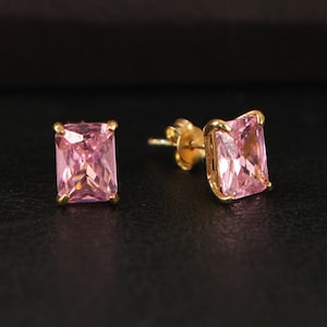 Pink Tourmaline Radiant Cut Earrings, October Birthstone Earrings, Solid Gold Earrings, Solitarie Silver Earrings, Minimalist Stud Earrings