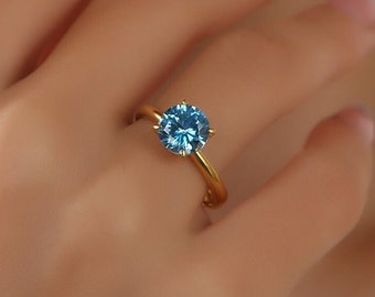 Anillo de solitario de topacio azul, corte redondo de oro de 14K, anillo de banda de boda minimalista, anillo de compromiso de solitario, anillo de solitario de topacio azul