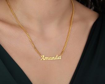 14K Solid Gold  Name Necklace Curb  Chain, Silver Name Necklace, Gold Name Necklace, Curb Gold Name Necklace, 14K Gold Curb Name Necklce
