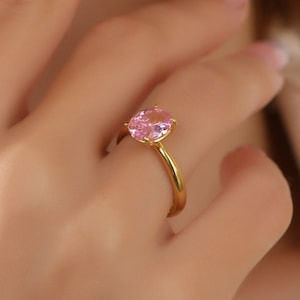 Rosa Oval Solitär Silberring, 14K Gold Oval Schnitt, minimalistische Hochzeit Bandring, Solitär Verlobungsring, rosa Solitärring