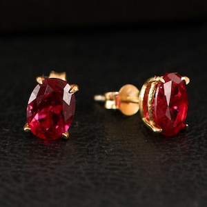 Ruby Oval Cut Earrings, July Birthstone Earrings, Solid Gold Earrings, Solitarie Silver Earrings, Minimalist Stud Earrings, Gift For Her