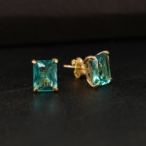 Paraiba Radiant Cut Earrings, Birthstone Earrings, Solid Gold Earrings, Solitarie Silver Earrings, Minimalist Stud Earrings