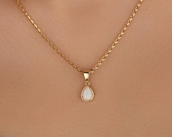 Teardrop Mini Opal Necklace in Gold, Dainty White Opal Necklace in Silver, Promise Necklace For Her, Gemstone Necklace, Necklace For Women