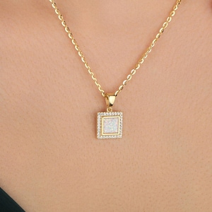 Square Opal Necklace, Square Opal Pendant Necklace in Silver, White Opal Necklace in 14K Gold, Everyday Necklace For Women, October Necklace