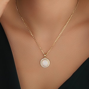 Collar de ópalo blanco ovalado en oro de 14 quilates, collar con colgante de ópalo en plata, collar de uso diario para mujer, collar de octubre