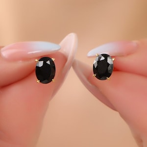 Onyx Oval Cut Earrings, Birthstone Earrings, Solid Gold Earrings, Solitarie Silver Earrings, Minimalist Stud Earrings, Gift For Her