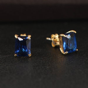 Sapphire Radiant Cut Earrings, September Birthstone Earrings, Solid Gold Earrings, Solitarie Silver Earrings, Minimalist Stud Earrings