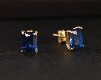 Sapphire Radiant Cut Earrings, September Birthstone Earrings, Solid Gold Earrings, Solitarie Silver Earrings, Minimalist Stud Earrings