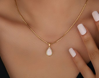 Teardrop Large Opal Necklace in Gold, Dainty White Opal Necklace in Silver, Promise Necklace For Her, Opal Necklace