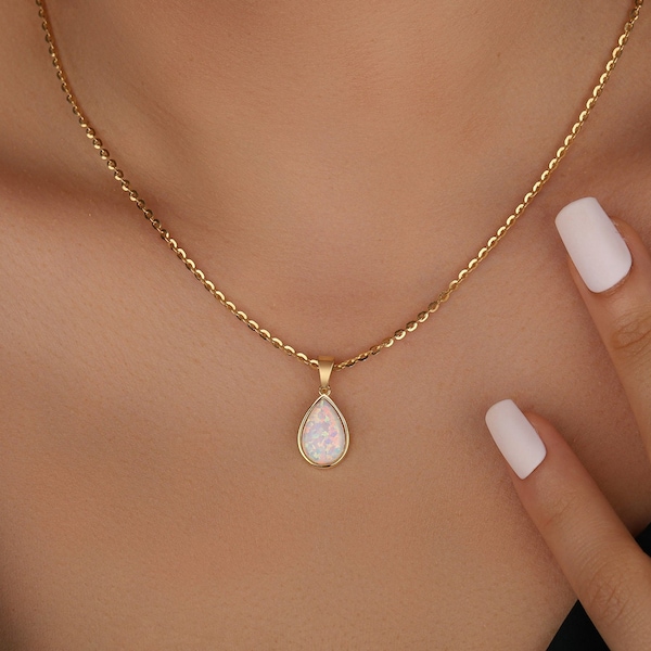 Teardrop Large Opal Necklace in Gold, Dainty White Opal Necklace in Silver, Promise Necklace For Her, Opal Necklace