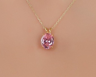 Pink Tourmaline Oval Cut Necklace, October Birthstone, Solid Gold and Solitarie Silver Necklace, Solitaire Necklace, Minimalist Necklace