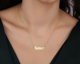 14K Solid Gold Gothic Font Old English Necklace, Old English Name Necklace, Customized Gothic Style Nameplate Necklace, Personalized Jewelry