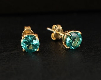 Paraiba Round Cut Solid Gold Stud Earrings, Minimalist Birthstone