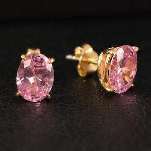 Boucles d&#39;oreilles ovales en tourmaline rose, boucles d&#39;oreilles octobre avec pierre de naissance, boucles d&#39;oreilles en or massif, boucles d&#39;oreilles solitaires en argent, boucles d&#39;oreilles minimalistes