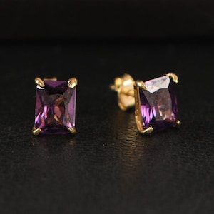 Amethyst Radiant Cut Earrings, February Birthstone Earrings, Solid Gold Earrings, Solitarie Silver Earrings, Minimalist Stud Earrings