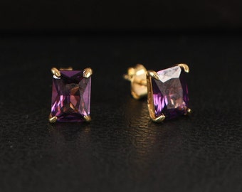 Amethyst Radiant Cut Earrings, February Birthstone Earrings, Solid Gold Earrings, Solitarie Silver Earrings, Minimalist Stud Earrings