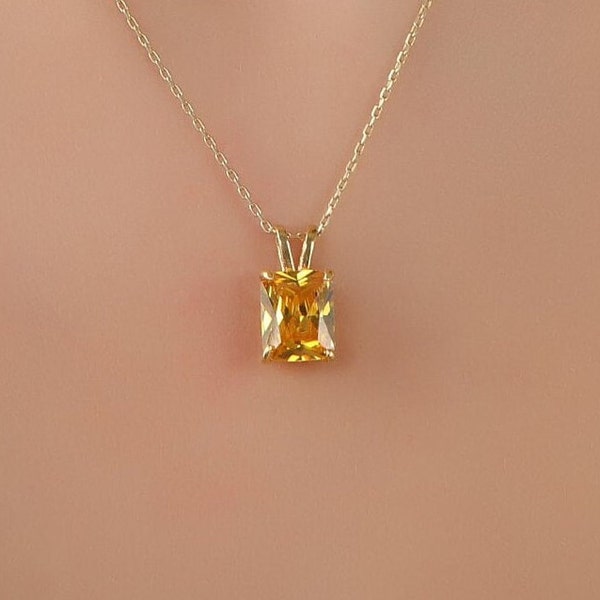 Radiant Cut Citrine Necklace, November Birthstone Necklace, Silver Necklace, Solid Gold Necklace, Solitaire Necklace, Minimalist Necklace