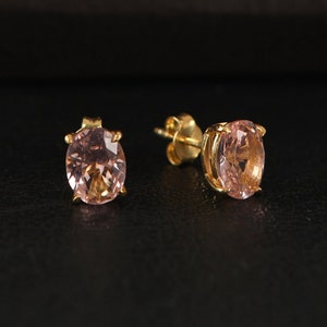 Morganite Oval Cut Earrings, Birthstone Earrings, Solid Gold Earrings, Solitarie Silver Earrings, Minimalist Stud Earrings, Gift For Her