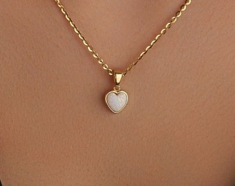 Heart Opal Necklace, White Opal Necklace in 14K Gold, Heart Opal Pendant Necklace in Silver, Everyday Necklace For Women, Opal Necklace