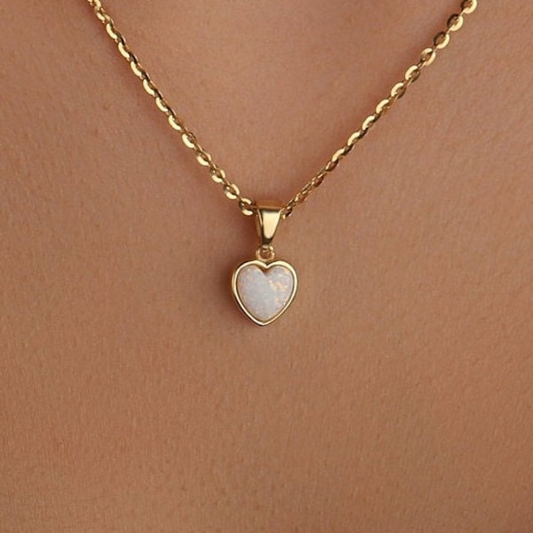 Heart Opal Necklace, White Opal Necklace in 14K Gold, Heart Opal Pendant Necklace in Silver, Everyday Necklace For Women, Opal Necklace