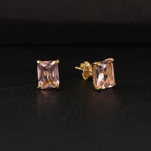 Morganite Radiant Cut Earrings, Birthstone Earrings, Solid Gold Earrings, Solitarie Silver Earrings, Minimalist Stud Earrings, Pink Earrings