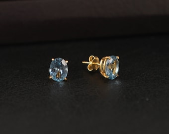 Aquamarine Oval Cut Earrings, March Birthstone Earrings, Solid Gold Earrings, Solitarie Silver Earrings, Minimalist Stud Earrings
