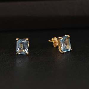 Aquamarine Radiant Cut Earrings, March Birthstone Earrings, Solid Gold Earrings, Solitarie Silver Earrings, Minimalist Stud Earrings