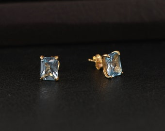 Aquamarine Radiant Cut Earrings, March Birthstone Earrings, Solid Gold Earrings, Solitarie Silver Earrings, Minimalist Stud Earrings