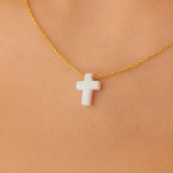 Dainty 14k Gold White Opal Cross Necklace, Sterling Silver