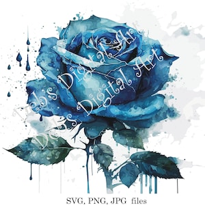 Watercolor botanical blue rose flower digital clipart, vector, png. jpg, jpeg, svg wall art, graphic