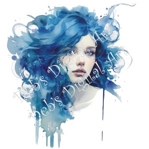 Donna dell'acquerello blu bella gente azzurra clipart digitale, png, jpg, jpeg, arte della parete, grafica, creazione di cartoline, journaling, mestiere di carta