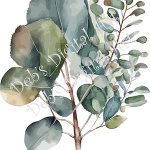 May include: A watercolor illustration of a eucalyptus branch with green and blue leaves. The leaves are arranged in a cluster, with some leaves overlapping others. The branch is brown and has a few small buds.