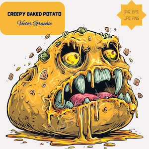 Puede incluir: Ilustración gráfica vectorial de una "Creepy Baked Potato". La patata es amarilla y marrón con una cara monstruosa, dientes afilados y salsa goteando. La imagen incluye texto que dice "Creepy Baked Potato" y "Vector Graphic".