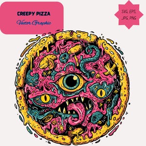 Puede incluir: Gráfico vectorial de una pizza con un diseño espeluznante. La pizza presenta una base rosa con detalles amarillos, turquesa y negros, incluyendo un ojo grande, una boca con dientes afilados y tentáculos. Se muestra el texto "CREEPY PIZZA" y "Vector Graphic".