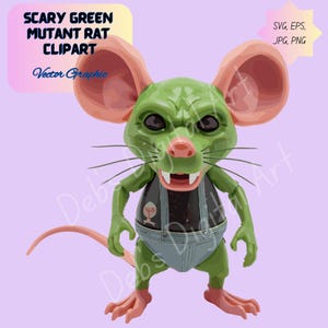 May include: A green mutant rat clipart with pink ears, nose, and feet. The rat has a menacing expression and is wearing blue overalls. The image includes the text "SCARY GREEN MUTANT RAT CLIPART" and "Vector Graphic".
