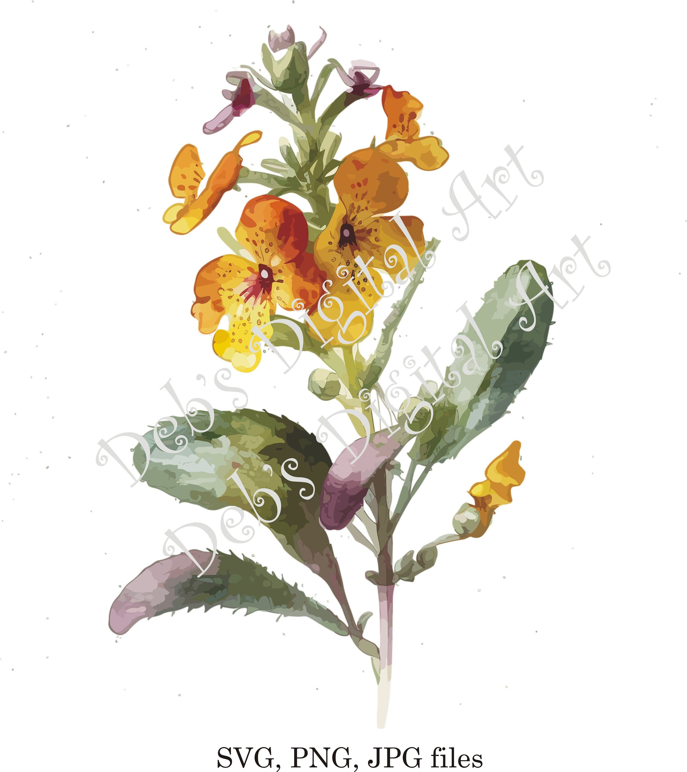 水彩画「ミムラスの花」のクリップアート：斑点のある黄色の植物アート