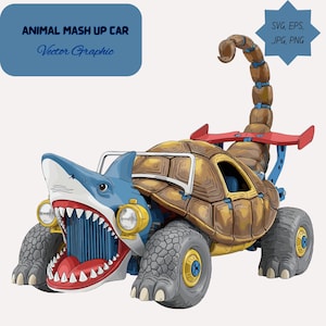 May include: A whimsical illustration of an animal mash-up car. The front is a shark head, the body is a turtle shell, and the tail is a scorpion stinger. The car has large wheels and headlights. Text on the image reads "ANIMAL MASH UP CAR" and "Vector Graphic."
