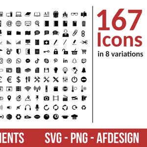 Set von 167 Icons, Icon-Pack, digitale Datei, Icon-Sammlung, Vektor-Silhouette Ausschnitt, Clipart, Sofortiger Download, PNG SVG, Icon-Set