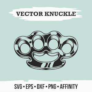May include: Black vector illustration of a knuckle duster on a light blue background. The text "VECTOR KNUCKLE" is above the knuckle duster. Below the knuckle duster are the words "SVG • EPS • DXF • PNG • AFFINITY".