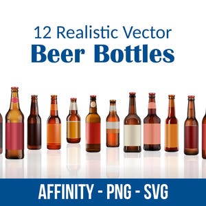 May include: Twelve realistic vector beer bottles in various shapes and colors, with labels and metallic bottle caps. The image includes the text "12 Realistic Vector Beer Bottles" and "AFFINITY - PNG - SVG".