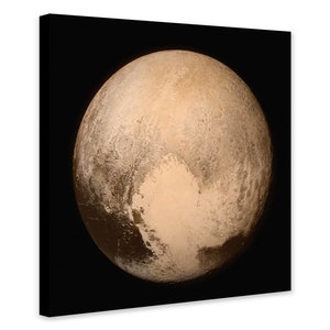 May include: A close-up image of Pluto, a dwarf planet in the Kuiper belt, showing its surface with a mix of light and dark areas.