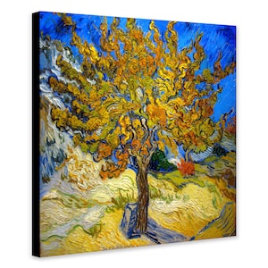 May include: A painting depicting a yellow tree against a blue sky. The tree is centrally positioned and surrounded by a field of yellow grass. The sky is a vibrant blue with white clouds.
